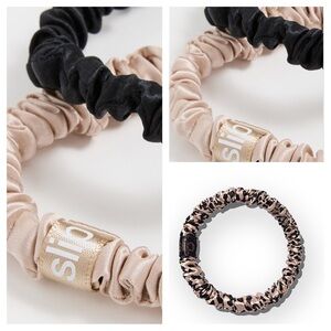 (5) Five Slip Silk Skinny Hair Scrunchies Ties - Black, Rose Gold, Leopard NWT